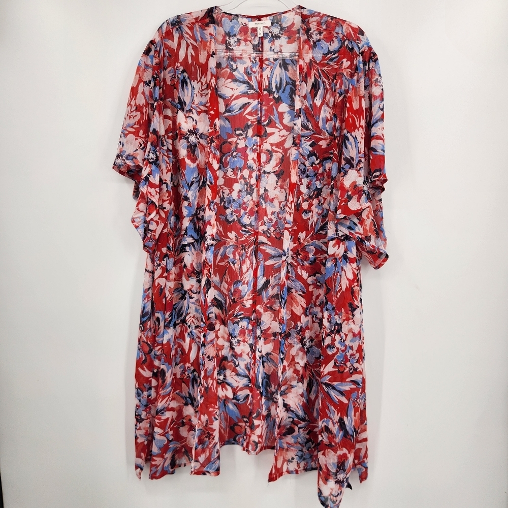 Maurices Americana Floral Kimono Womens Size 2X Red Short Sleeve Longer Length